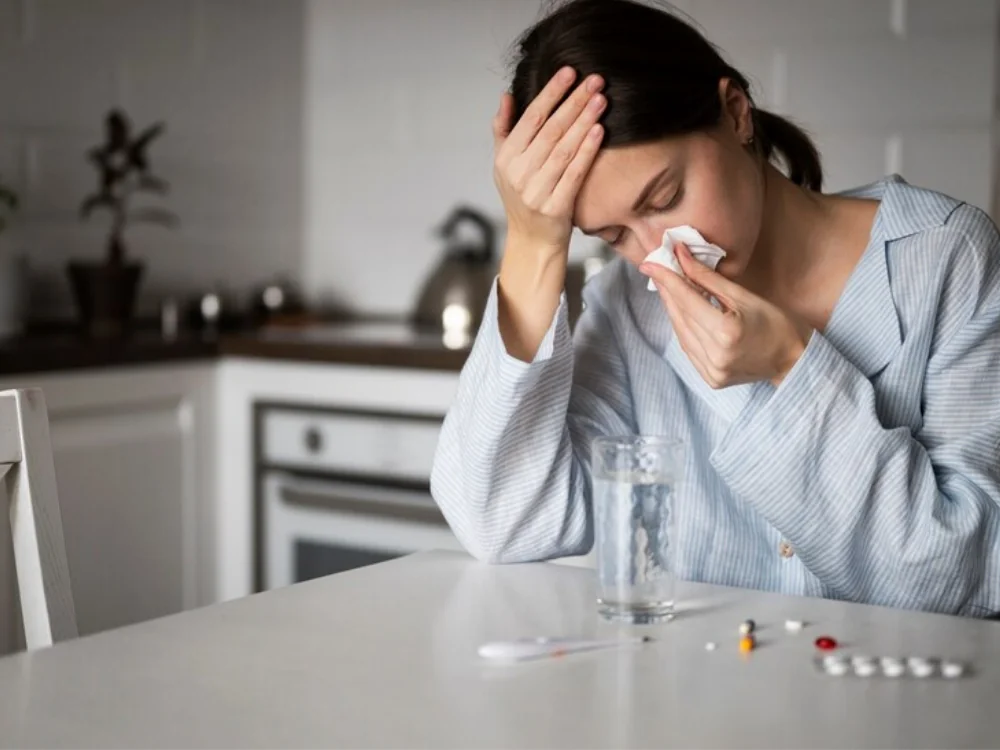 Người phụ nữ đang bị ốm với các triệu chứng cúm mùa