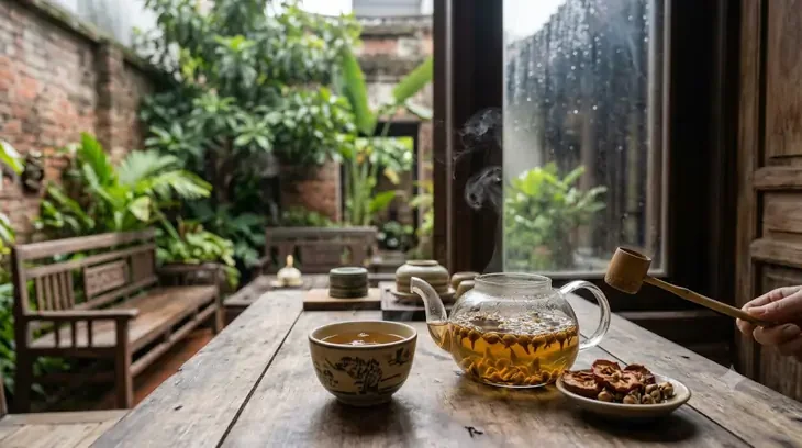 Một ấm trà sơn tra nóng hổi đặt trên bàn gỗ trong không gian yên tĩnh
