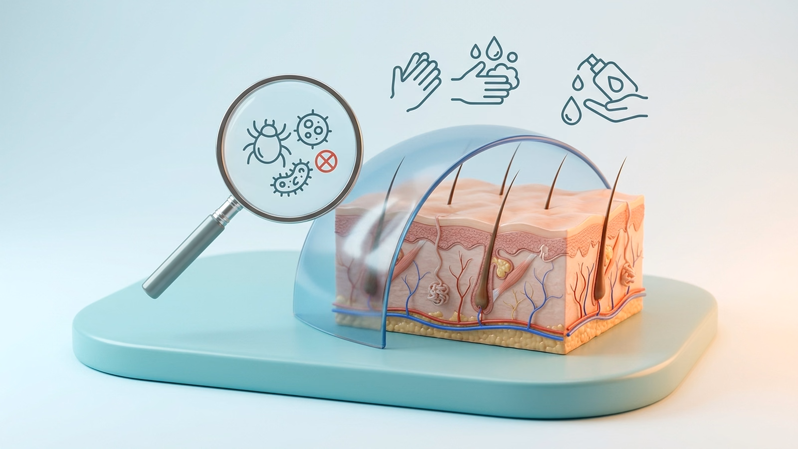 Minh họa y khoa 3D giáo dục về cấu trúc giải phẫu lớp da biểu bì và biểu tượng lá chắn kính lúp bảo vệ da khỏi ký sinh trùng
