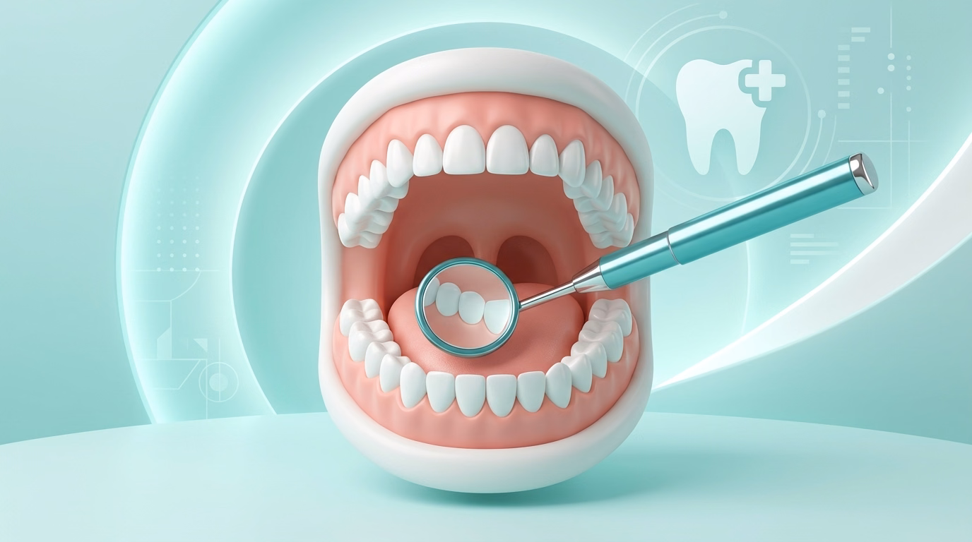 Minh họa y khoa 3D giáo dục về cấu trúc giải phẫu khoang miệng và dụng cụ kiểm tra răng hàm mặt chuyên khoa