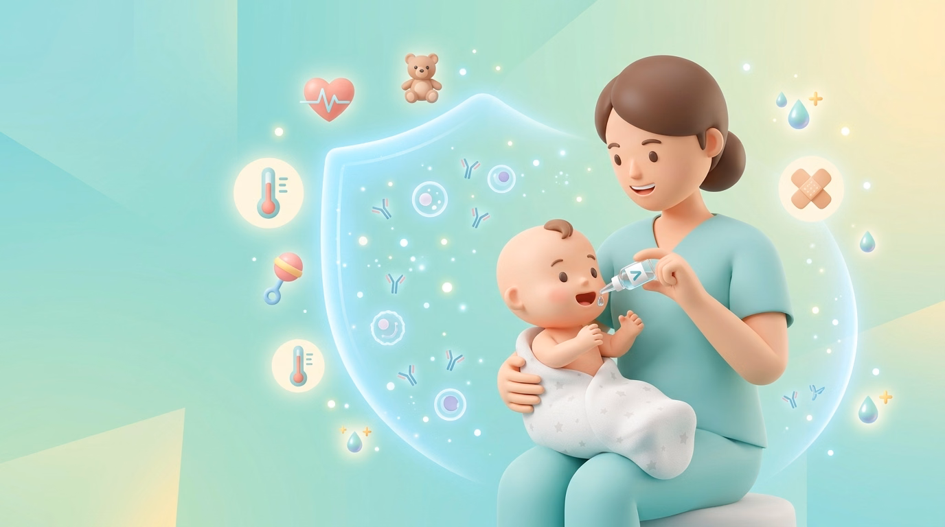 Minh họa y khoa giáo dục về quy trình cho trẻ nhỏ uống vắc xin phòng bệnh đường ruột và bại liệt an toàn
