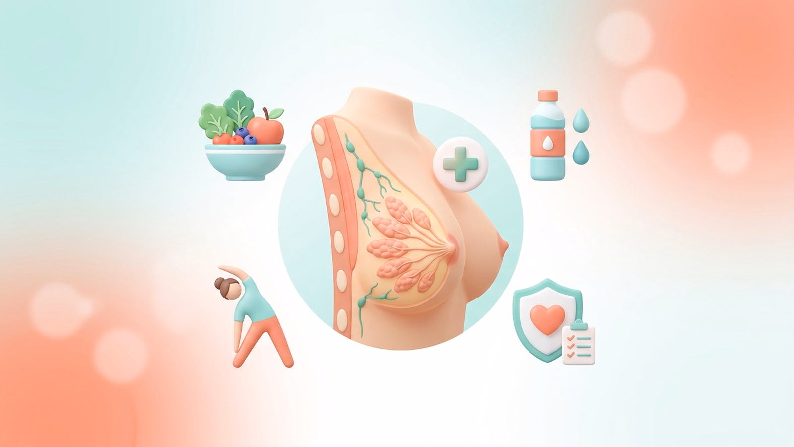 Minh họa y khoa giáo dục về giải phẫu cấu trúc tuyến vú và các biểu tượng chăm sóc bảo vệ sức khỏe sau phẫu thuật