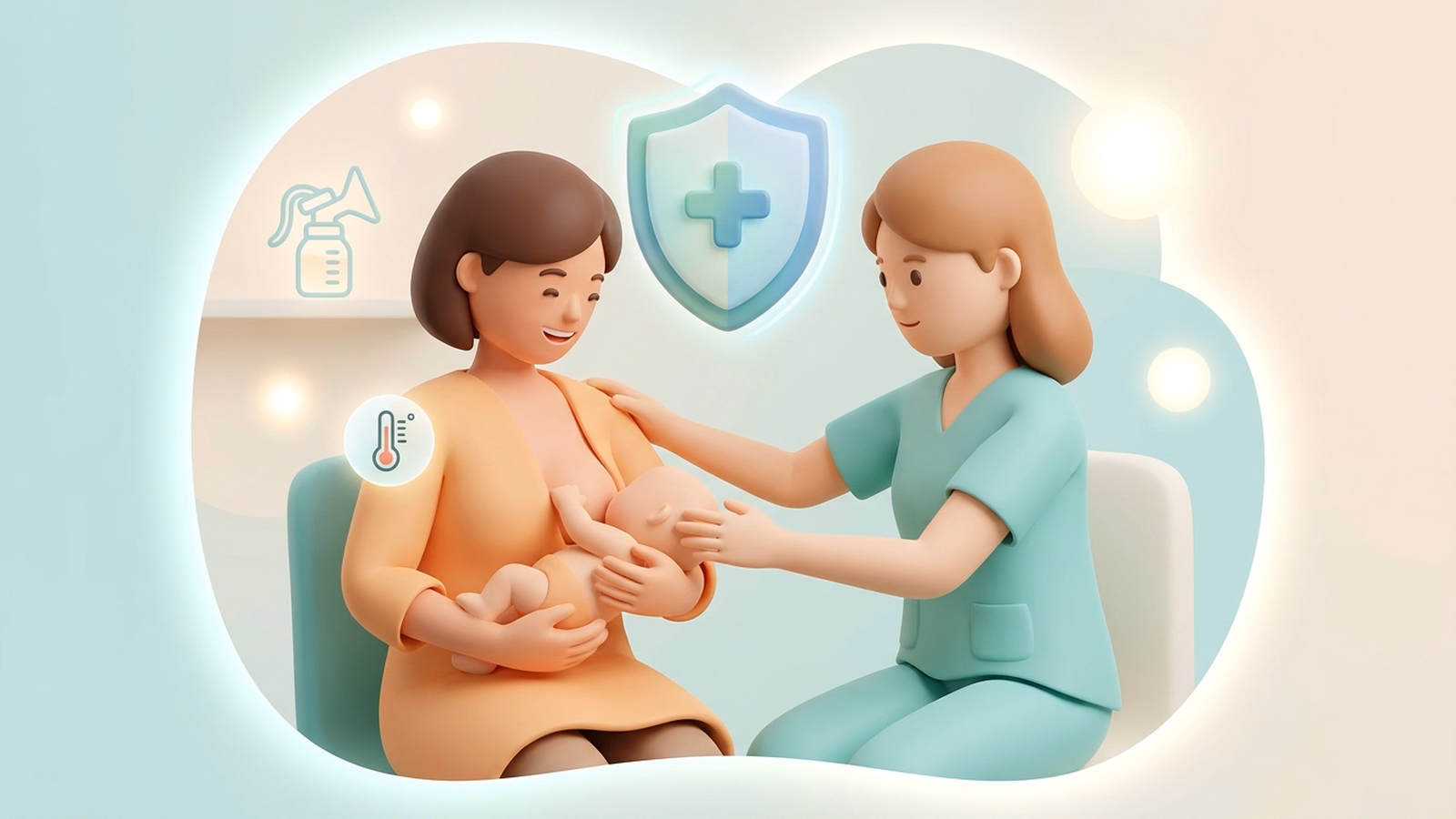 Minh họa y khoa 3D giáo dục về chăm sóc sức khỏe mẹ và bé trong thời kỳ cho con bú với biểu tượng lá chắn y tế và nhiệt kế