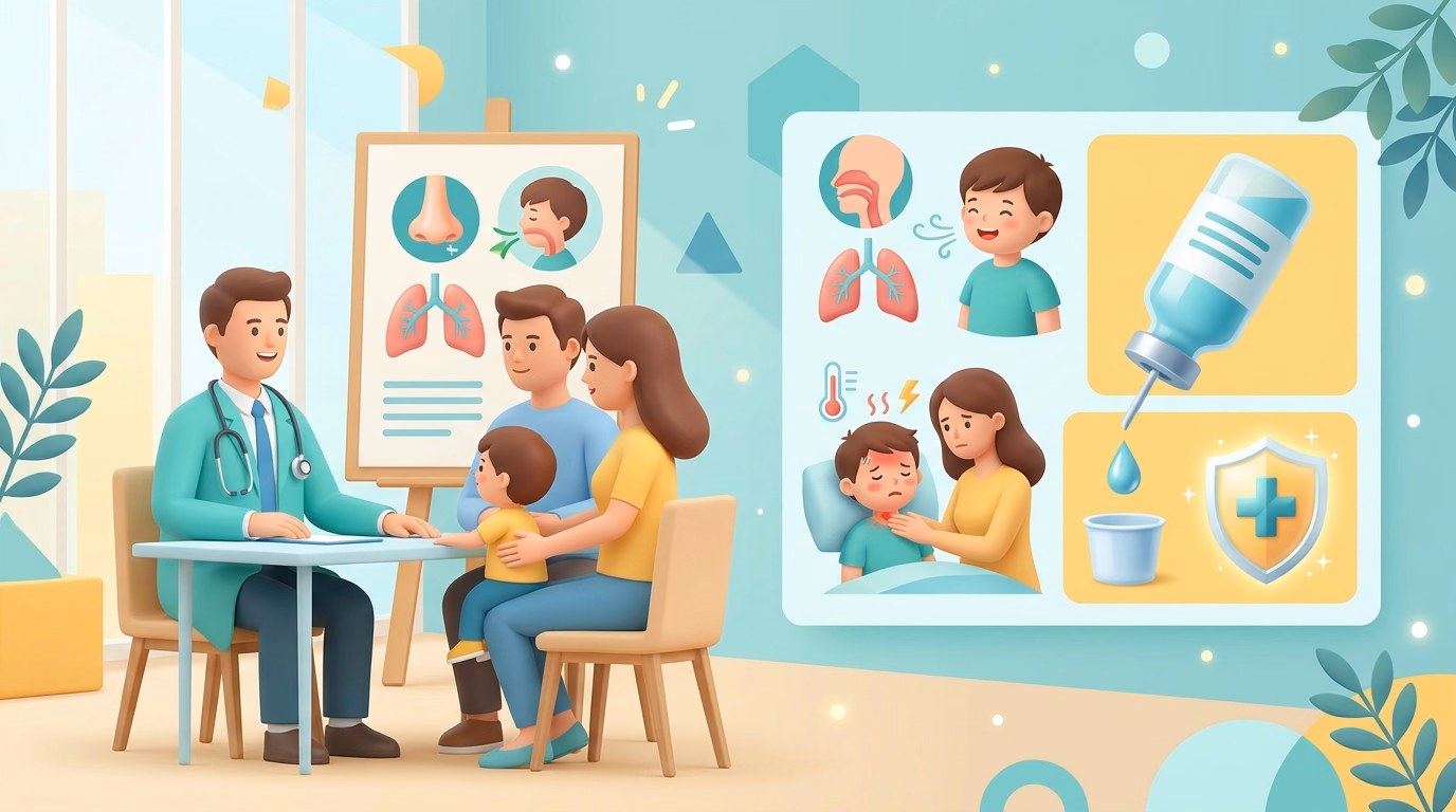 Minh họa y khoa 3D giáo dục về tổng quan bệnh bạch hầu, bác sĩ tư vấn cho cha mẹ và trẻ nhỏ cùng biểu tượng lá chắn vắc xin bảo vệ sức khỏe