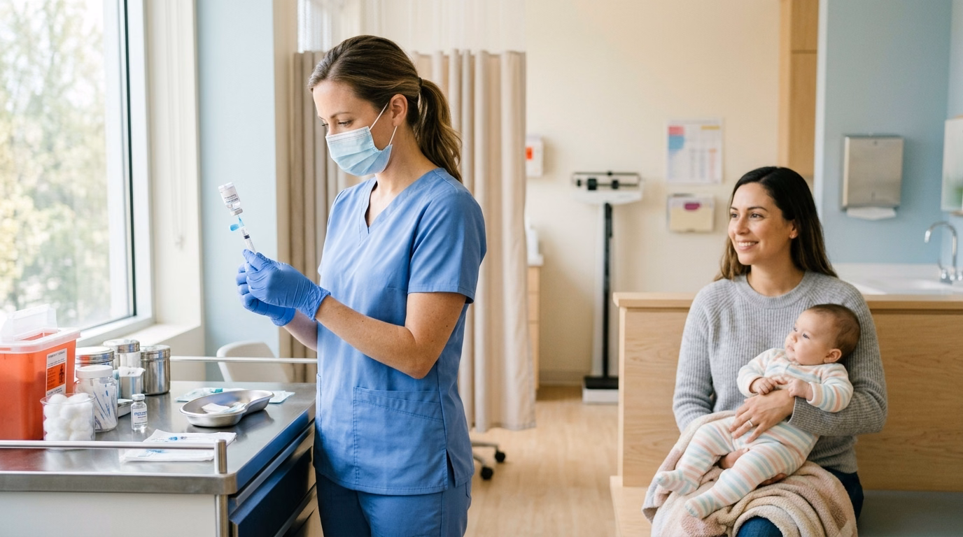 Nhân viên y tế chuẩn bị vắc xin tiêm chủng định kỳ cho trẻ tại cơ sở y tế