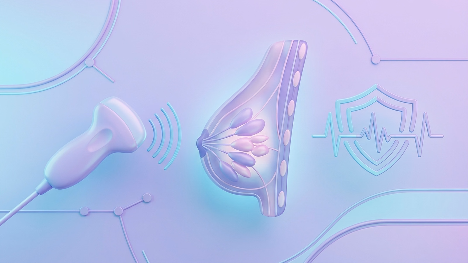 Minh họa y khoa 3D giáo dục về quy trình siêu âm kiểm tra đánh giá sức khỏe tuyến vú và biểu tượng lá chắn bảo vệ