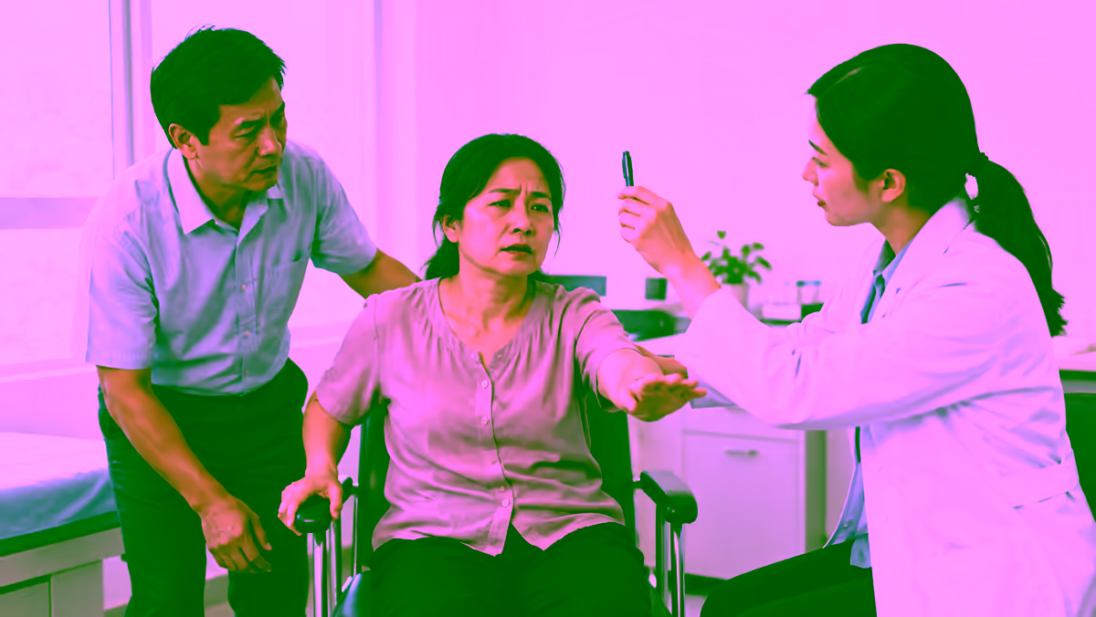 Người bệnh chóng mặt được bác sĩ kiểm tra thăng bằng và chuyển động mắt cùng người nhà