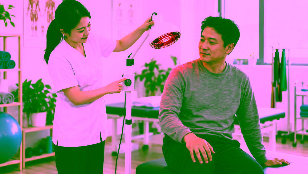 Ky thuat vien huong dan dung den hong ngoai an toan cho nguoi benh