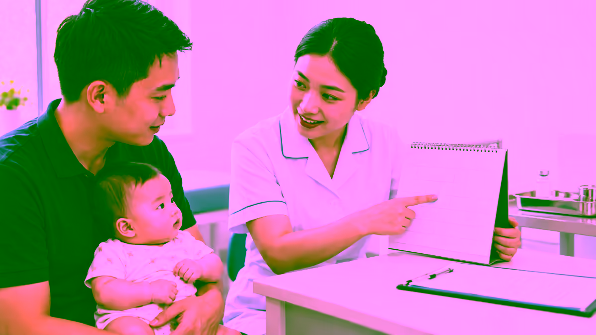 Cha đưa bé đến cơ sở tiêm chủng được điều dưỡng tư vấn lịch tiêm