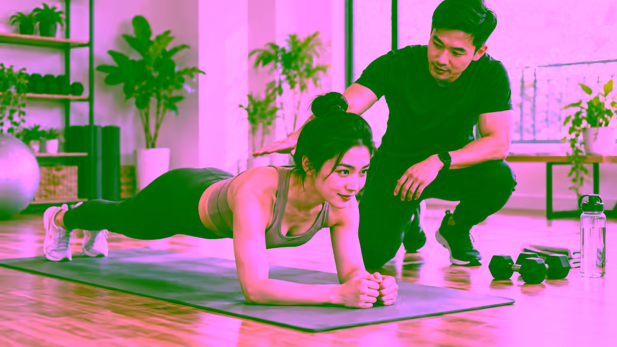 Huấn luyện viên hướng dẫn phụ nữ tập plank an toàn để tăng cường cơ bụng