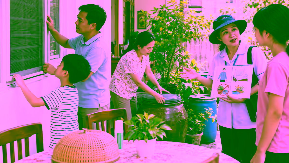 Gia dinh lap luoi cua va day kin dung cu chua nuoc de phong sot xuat huyet