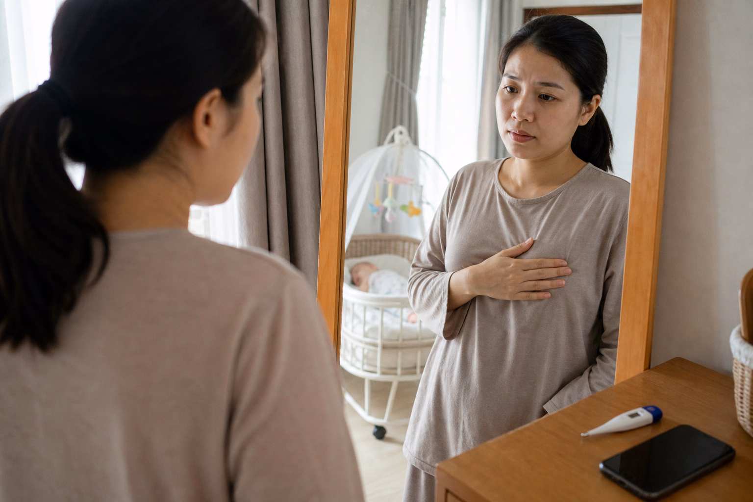 Mẹ sau sinh kiểm tra vùng vú đau khi có sốt và cục sưng