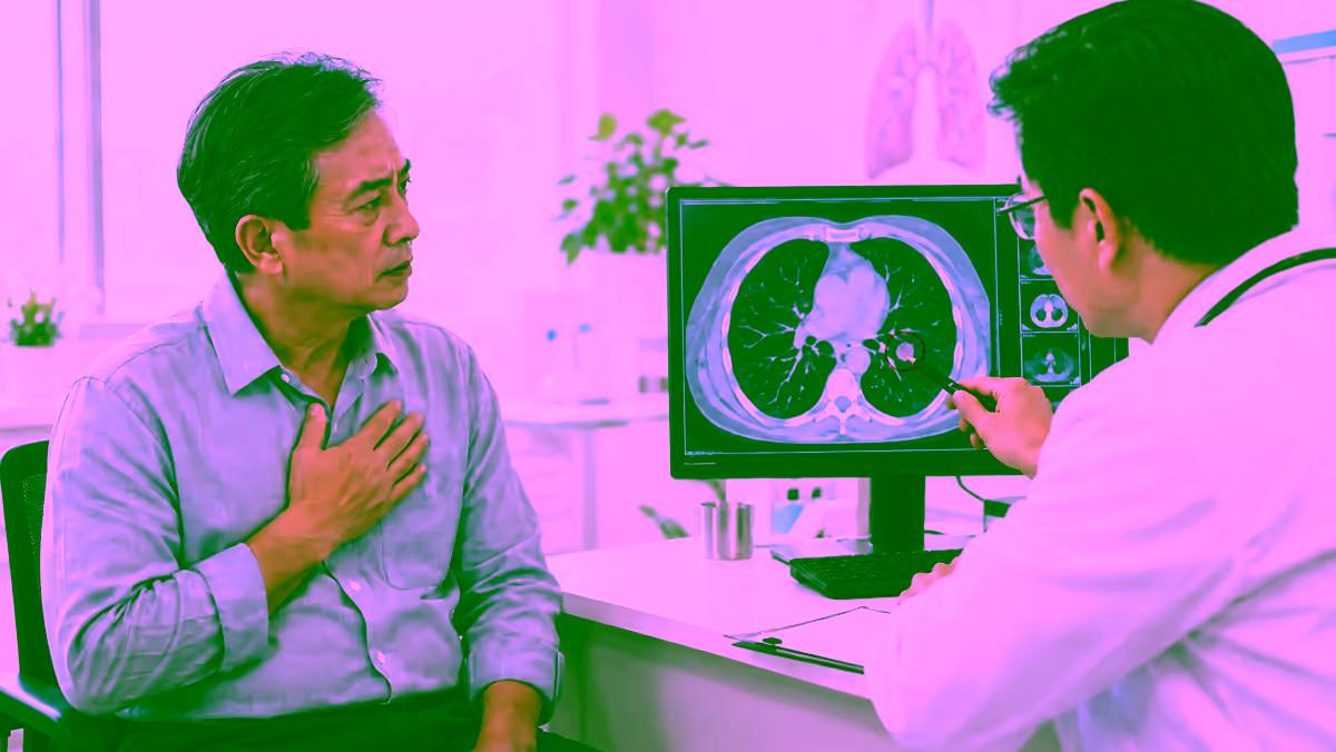 Bệnh nhân khám hô hấp với bác sĩ xem phim CT có tổn thương phổi