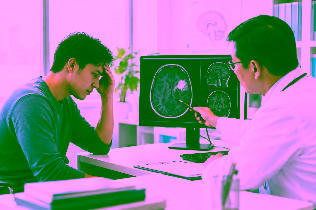 Bệnh nhân đau đầu trao đổi với bác sĩ thần kinh bên cạnh phim MRI não