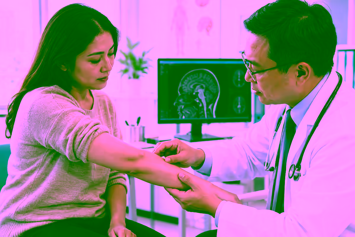 Bác sĩ kiểm tra khối nhỏ trên cẳng tay bệnh nhân trong phòng khám thần kinh