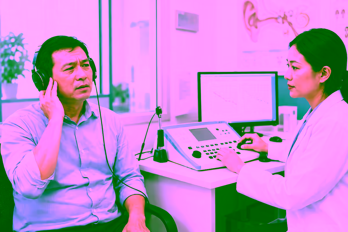 Bệnh nhân đeo tai nghe kiểm tra thính lực cùng chuyên viên đo thính lực