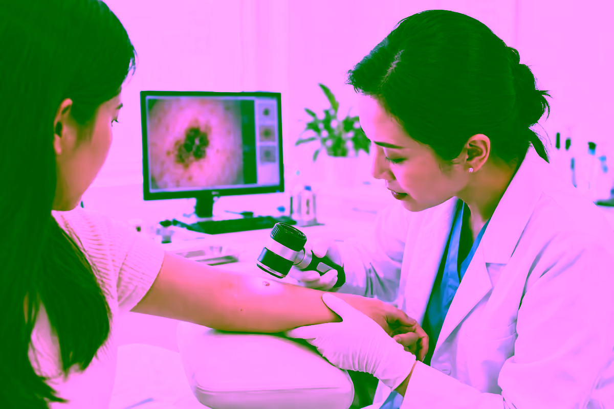 Bác sĩ da liễu soi nốt ruồi bất thường trên cẳng tay bệnh nhân