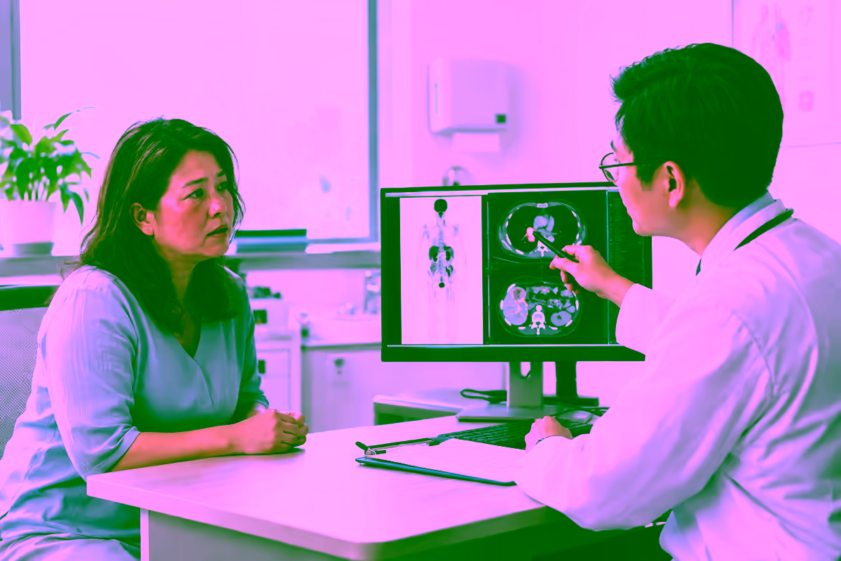 Bệnh nhân trao đổi với bác sĩ nội tiết bên cạnh phim chụp PET CT có vùng tổn thương