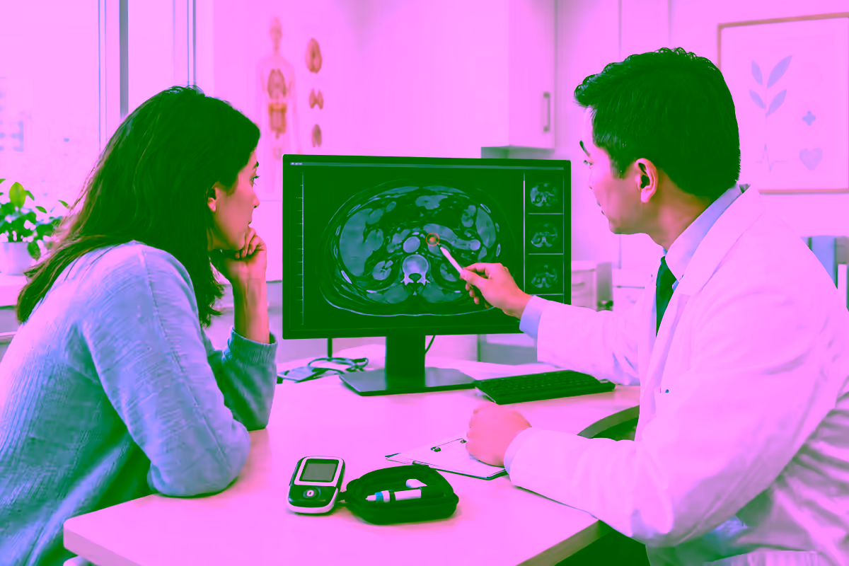Bệnh nhân trao đổi với bác sĩ nội tiết bên cạnh phim CT tụy và máy đo đường huyết