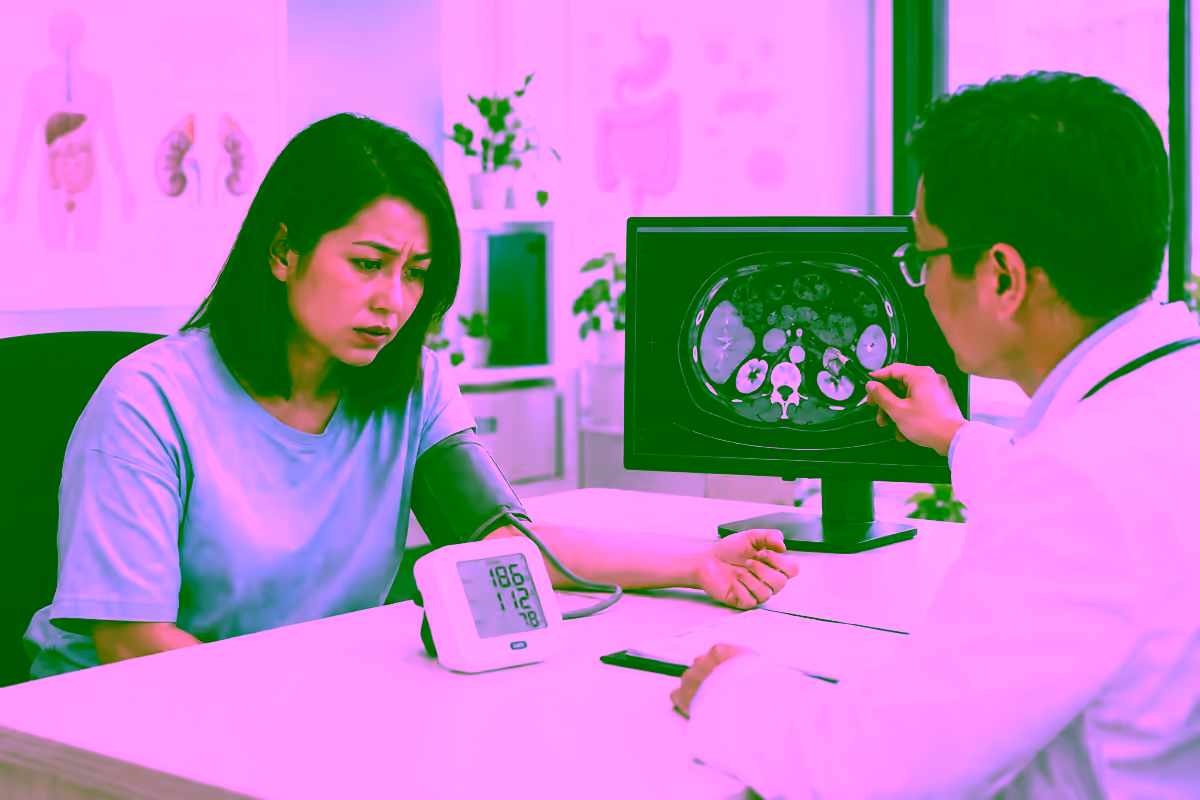 Bệnh nhân đo huyết áp khi bác sĩ giải thích phim CT tuyến thượng thận