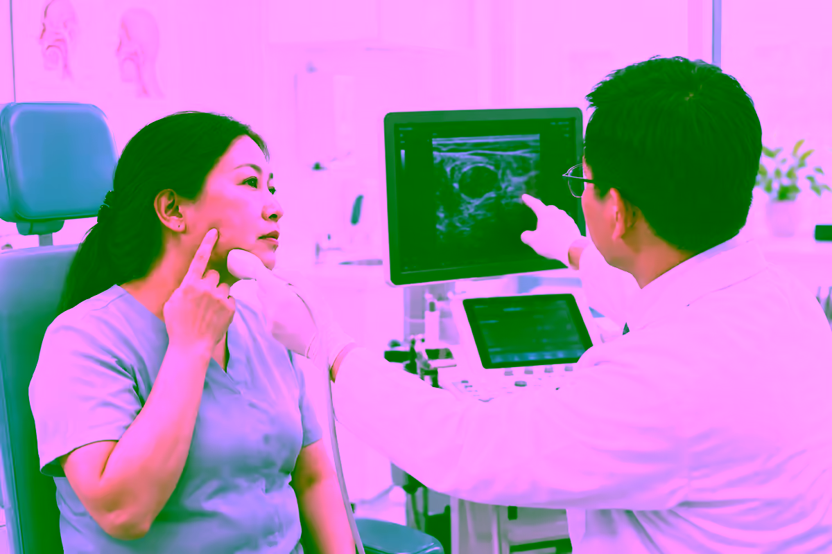 Bác sĩ tai mũi họng siêu âm vùng mang tai cho bệnh nhân