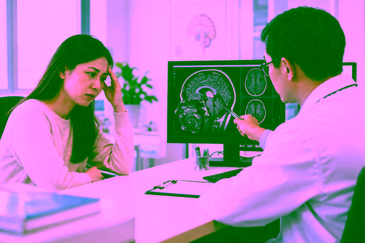 Bệnh nhân đau đầu được bác sĩ giải thích phim MRI não có tổn thương vùng trung tâm
