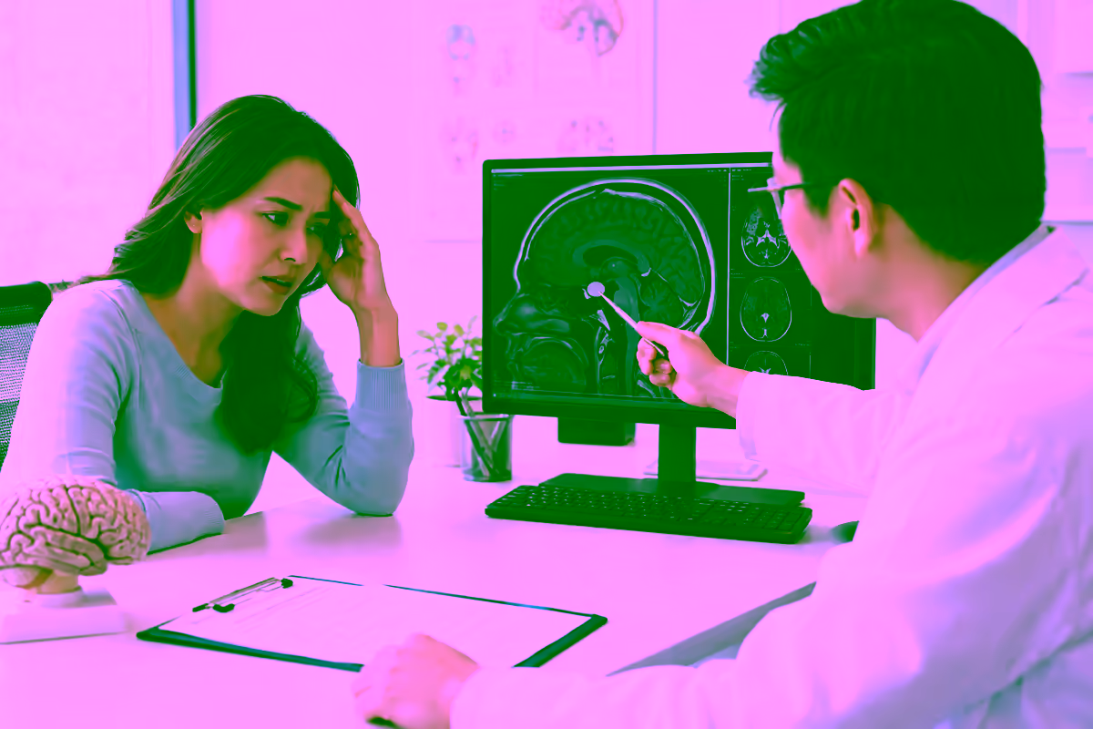 Bệnh nhân đau đầu được bác sĩ giải thích phim MRI vùng tuyến yên