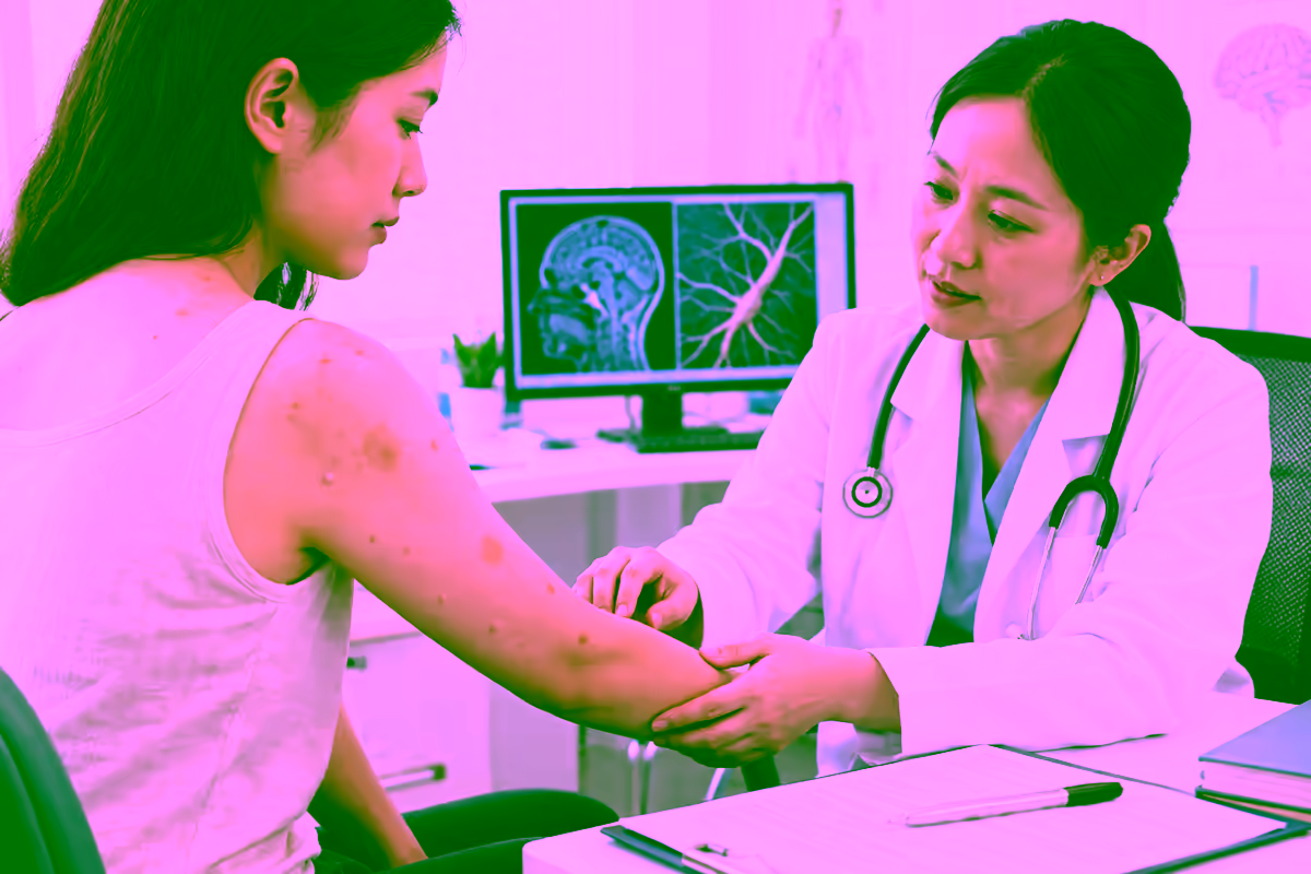 Bác sĩ kiểm tra các nốt nhỏ và dát màu trên cánh tay bệnh nhân