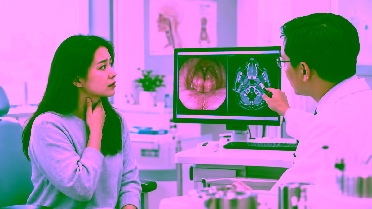 Bác sĩ tai mũi họng xem hình nội soi họng và phim chụp cho bệnh nhân