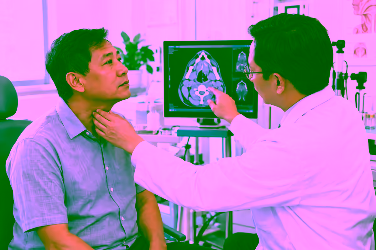 Bác sĩ khám vùng cổ và giải thích phim CT họng cho bệnh nhân