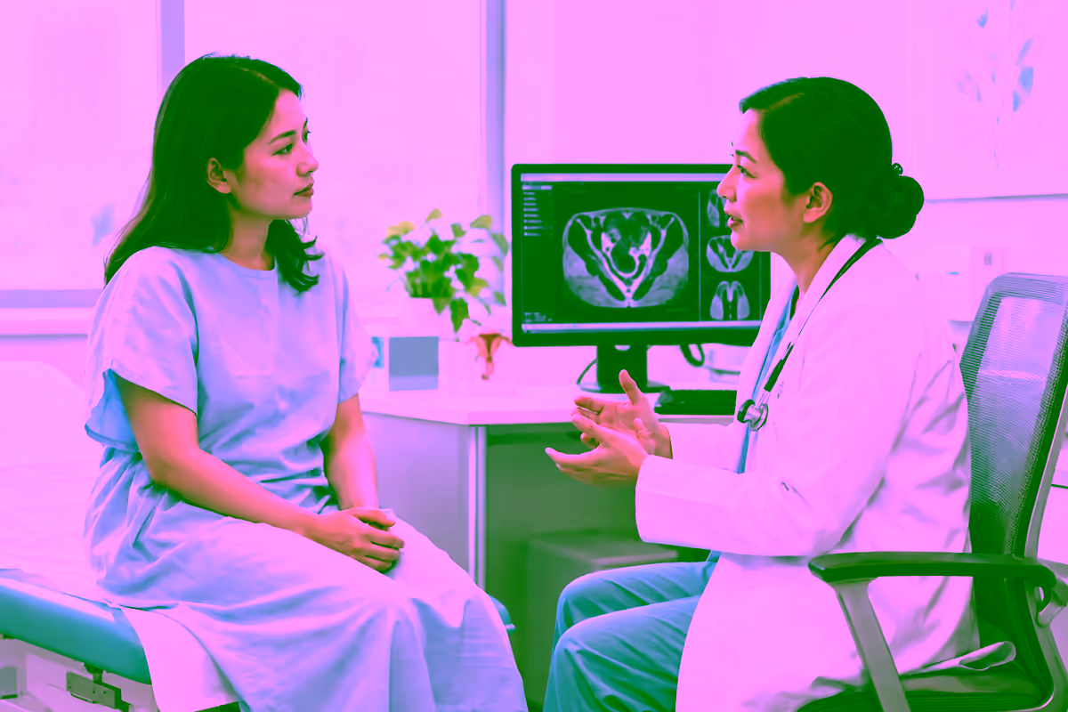 Bác sĩ tư vấn phụ khoa cho bệnh nhân bên cạnh phim chụp vùng chậu