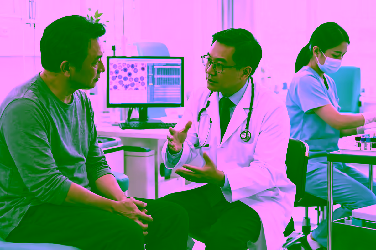 Bác sĩ huyết học tư vấn cho bệnh nhân bên cạnh hình ảnh xét nghiệm tế bào máu