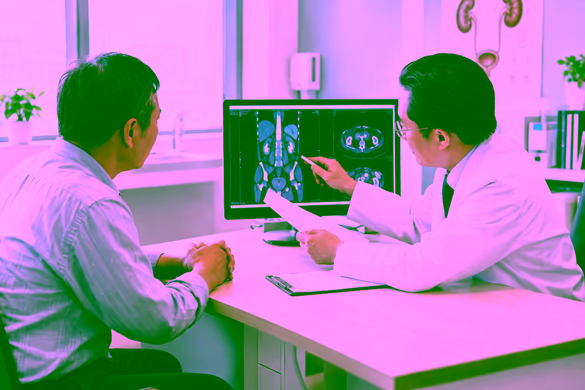 Bác sĩ tiết niệu giải thích phim chụp đường tiết niệu cho bệnh nhân