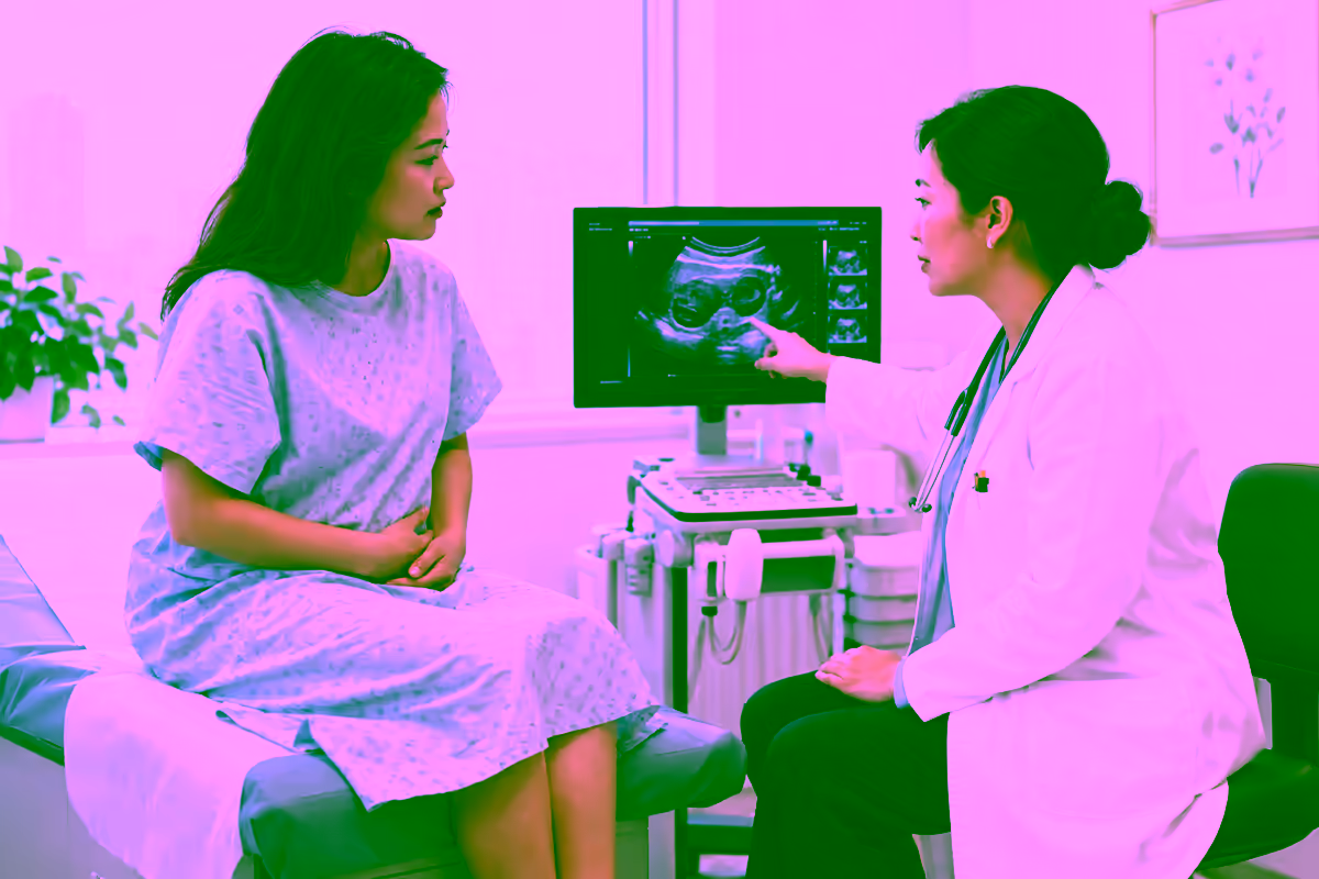 Bác sĩ phụ khoa giải thích hình siêu âm vùng chậu cho bệnh nhân