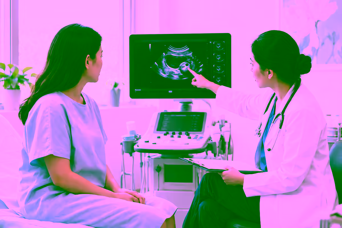 Bác sĩ phụ khoa giải thích siêu âm vùng chậu cho bệnh nhân nữ
