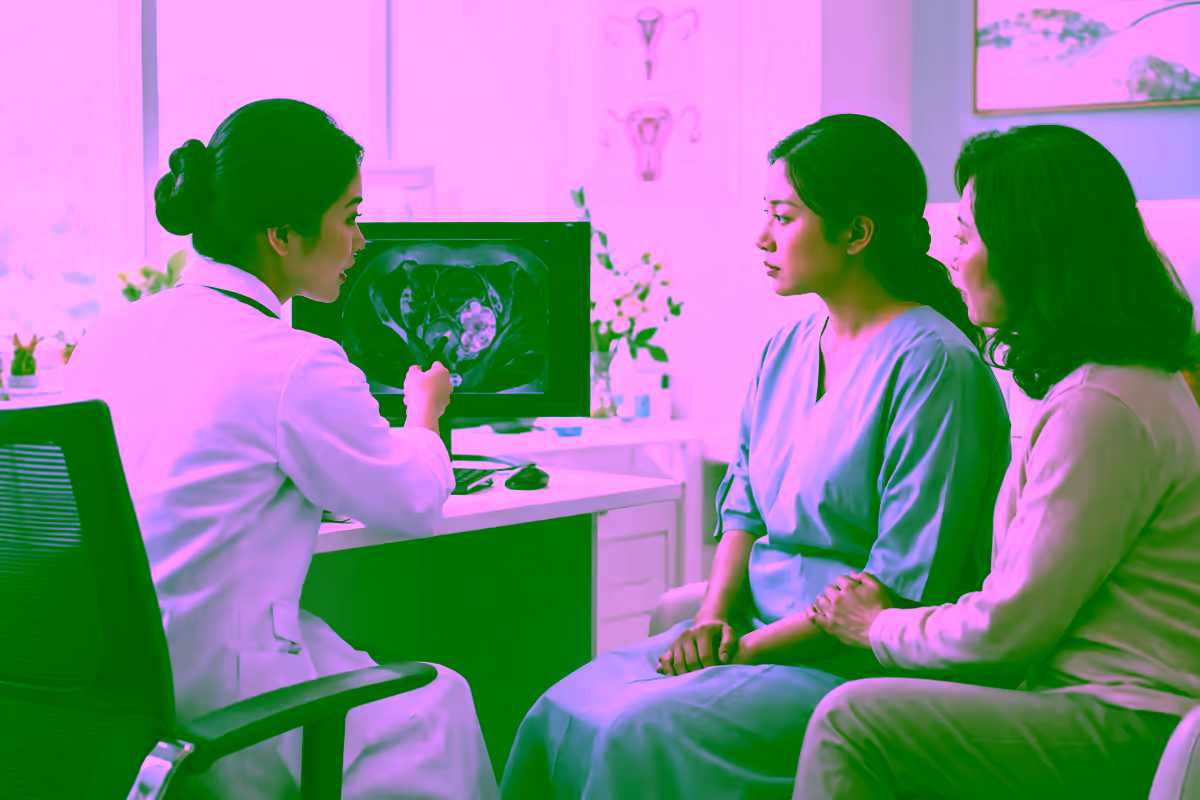 Bác sĩ ung bướu tư vấn cho bệnh nhân và người nhà bên cạnh phim MRI vùng chậu