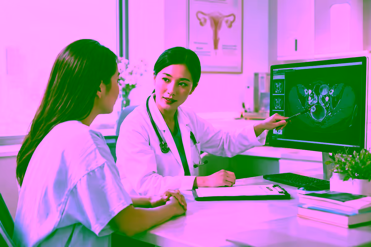 Bác sĩ ung bướu giải thích phim MRI vùng chậu cho bệnh nhân nữ