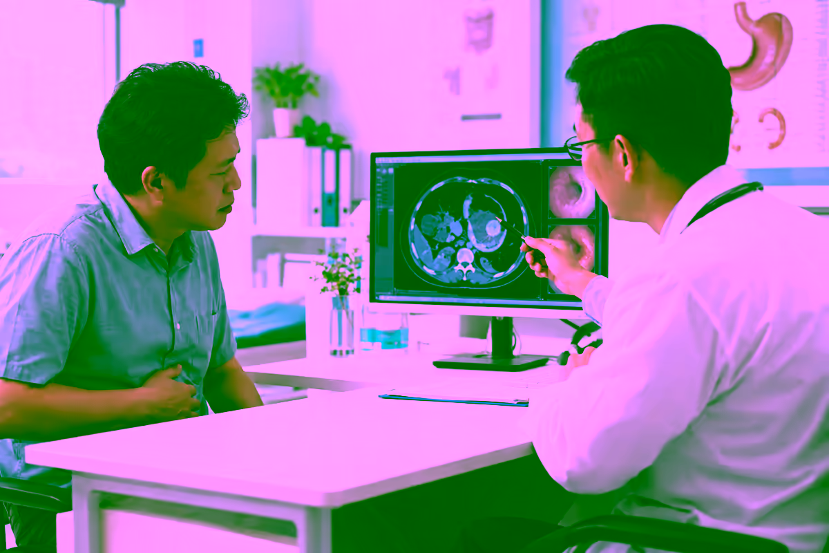 Bệnh nhân đau vùng thượng vị được bác sĩ giải thích phim chụp dạ dày