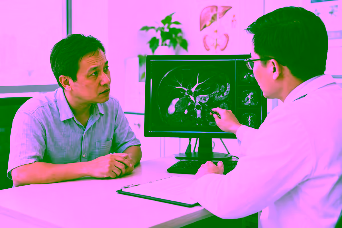 Bệnh nhân trao đổi với bác sĩ gan mật bên cạnh phim chụp đường mật