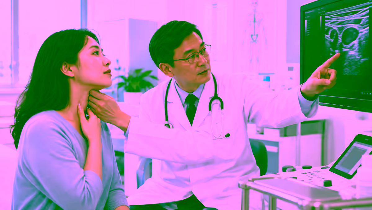 Bác sĩ kiểm tra hạch vùng cổ và giải thích hình siêu âm cho bệnh nhân
