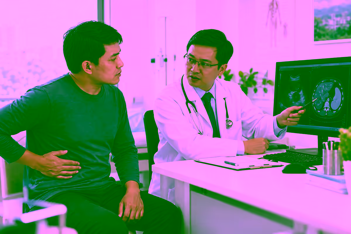 Người bệnh đau vùng bụng trái được bác sĩ xem kết quả CT lá lách