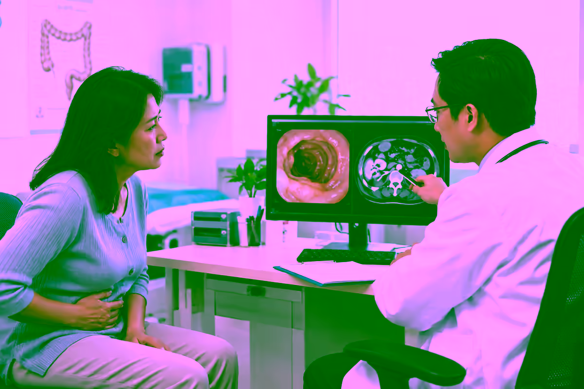 Người bệnh đau bụng được bác sĩ kiểm tra kết quả nội soi và CT đại tràng