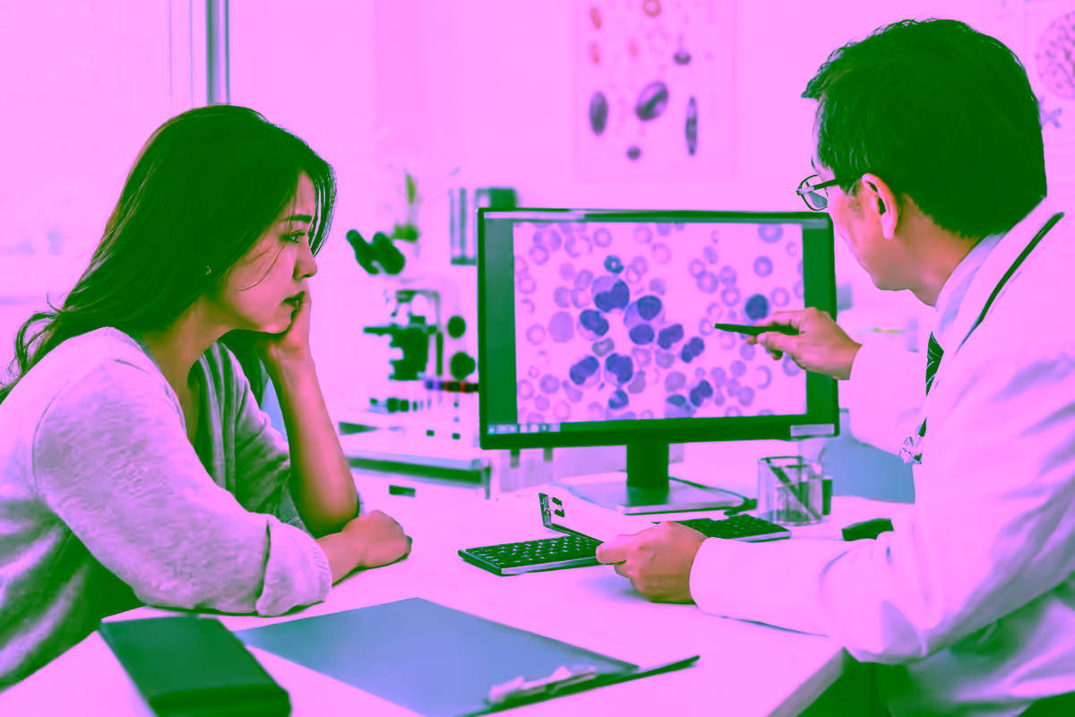 Bác sĩ huyết học tư vấn cho người bệnh và xem xét kết quả tế bào máu