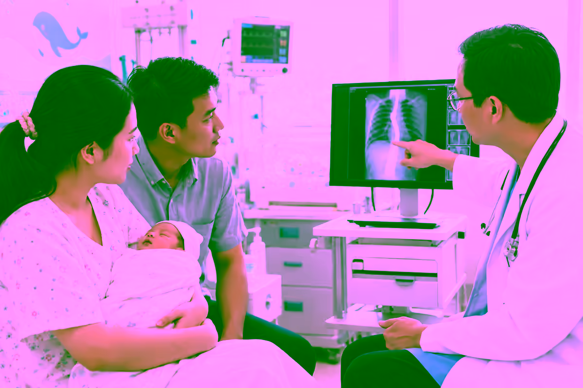 Bác sĩ nhi khoa tư vấn cho gia đình và xem phim chụp của trẻ sơ sinh