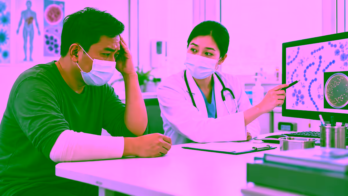 Bác sĩ truyền nhiễm tư vấn cho người bệnh có cánh tay được băng kín