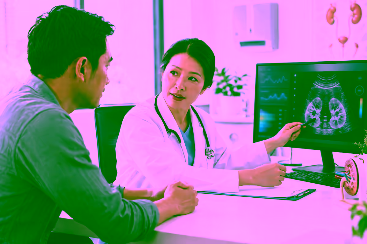 Bác sĩ thận học tư vấn cho người bệnh và xem kết quả siêu âm thận