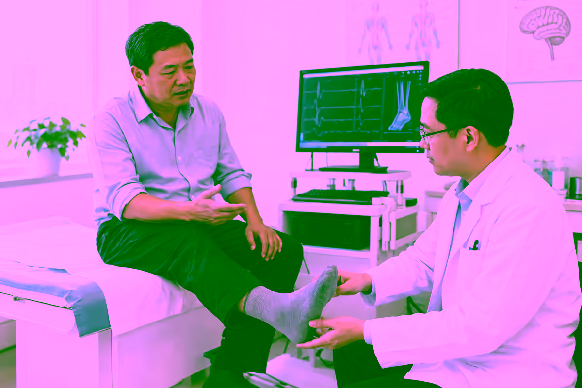 Bác sĩ kiểm tra cảm giác bàn chân cho người bệnh thần kinh đái tháo đường