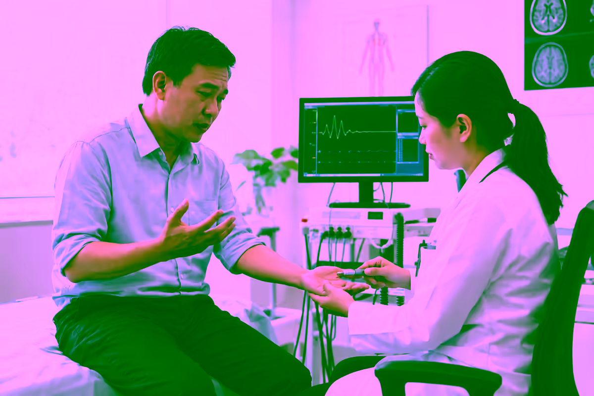 Bác sĩ thần kinh kiểm tra cảm giác tay cho người bệnh tê bì