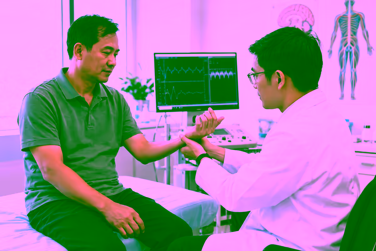 Bác sĩ thần kinh kiểm tra sức cơ bàn tay cho người bệnh