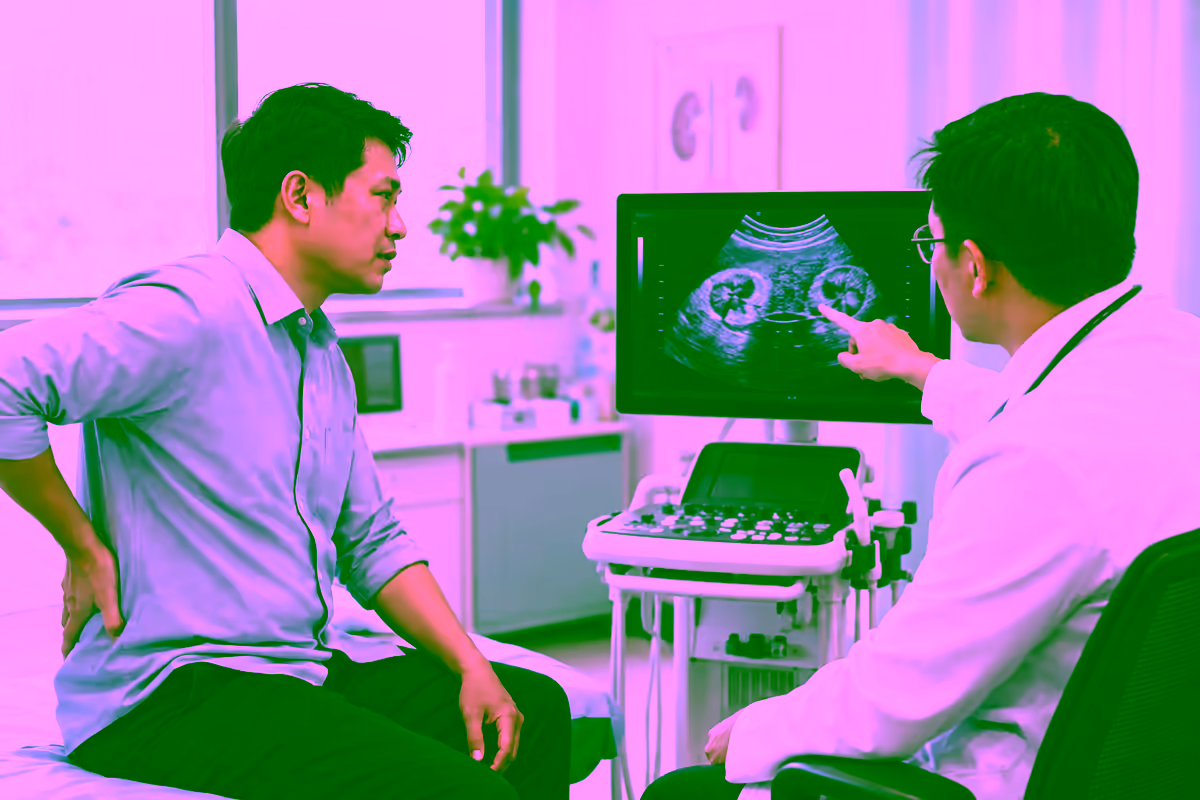 Bác sĩ thận học xem siêu âm thận cho người bệnh đau vùng hông lưng